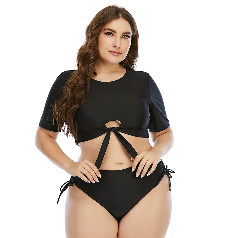 

Solid black swimsuit female Bow bikini 2021 Short sleeve swimwear women hollow out bathing suit High cut Biquini