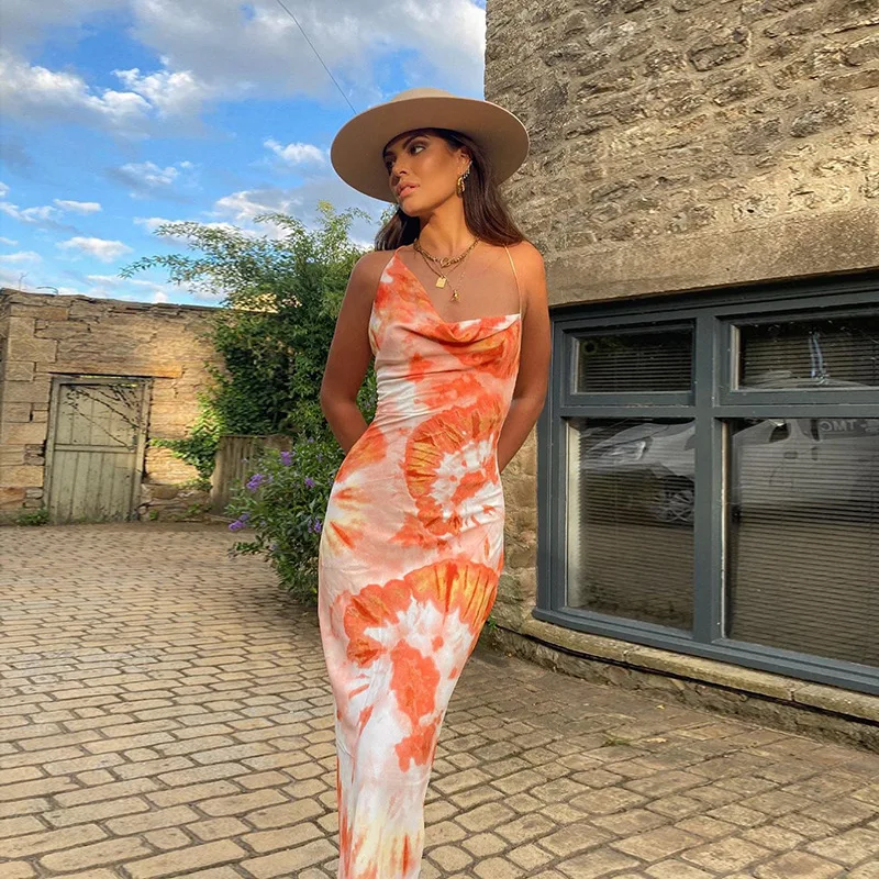 

Wholesale 2021 Spaghetti Strap Backless Dresses Sexy Tie Dye Maxi Dress, Picture color