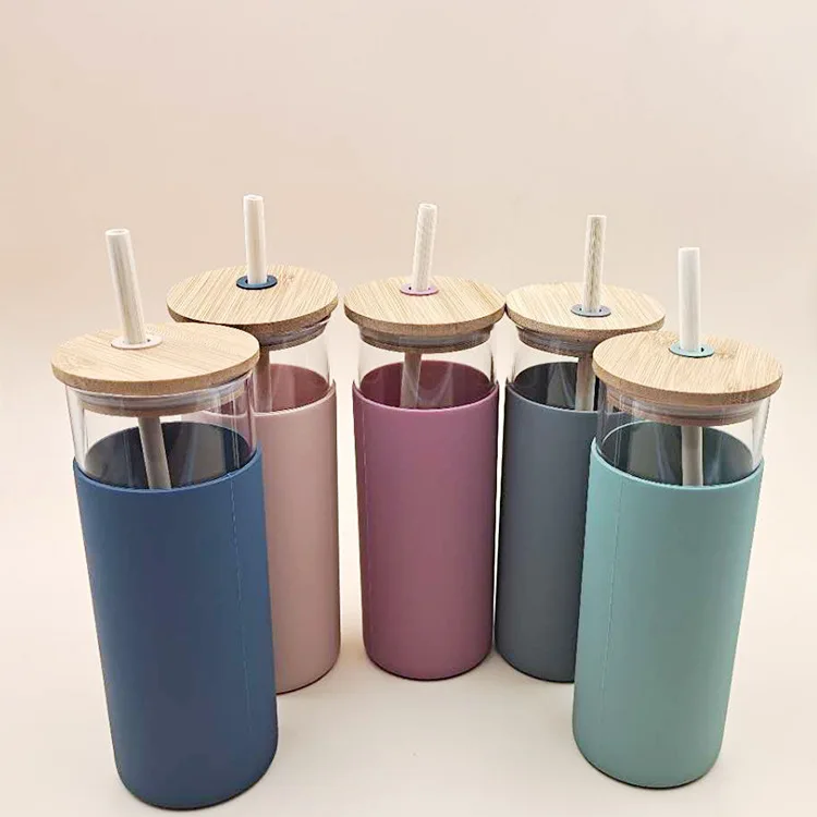 

Colored Glass tea coffee drink cup reusable mugs with bamboo lid straw glass water bottles printed drinking glass cup custom, 5 colors