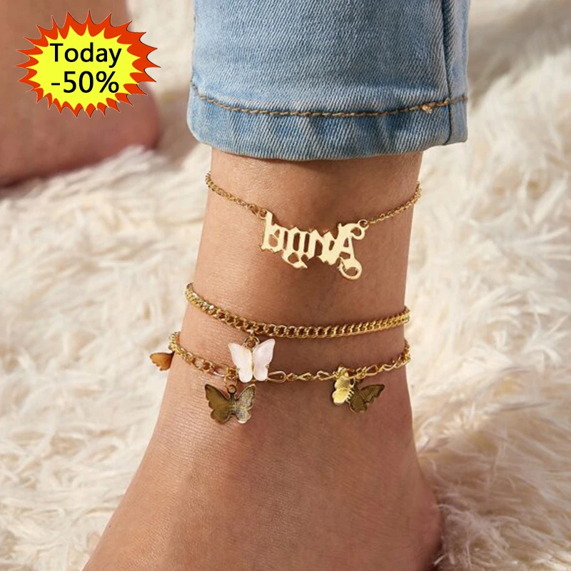 

New fashion three-layer gold plated pink black butterfly Angel Bohemian anklet sleeve