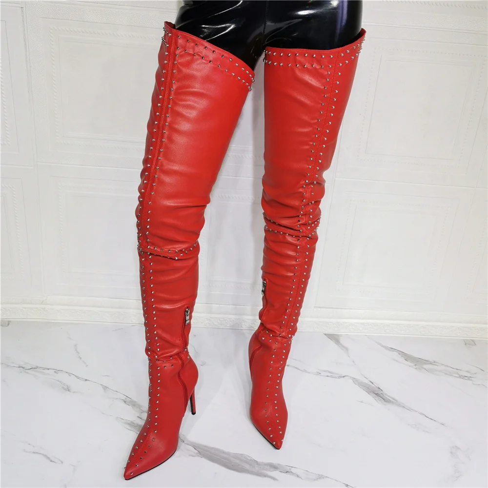 

Red Rivet Pointy Toe Big Size Women Thigh High Boots Side Zip Skintight Long Sexy Boots High Heel Over The Knee