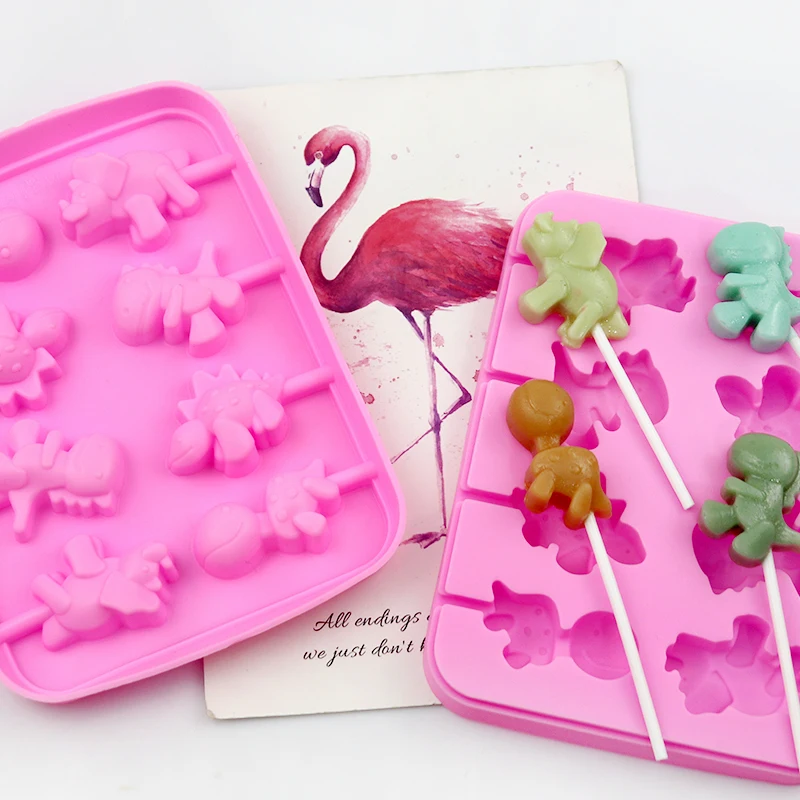 

908 8 holes cute dinosaurs animal silicone chocolate mold lollipop mold hard candy with 20 sticks cake decorating, Pink color