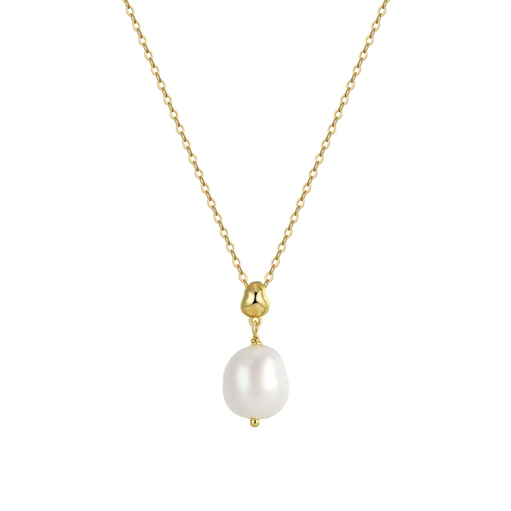 RINNTIN GPN48 Fine Jewelry Pendant Necklace Cultured Freshwater Pearl Gold Plated 925 Sterling Silver Necklace Chain Women