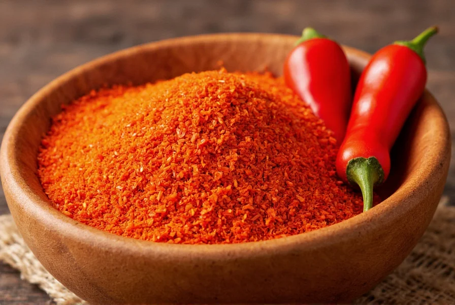 Close-up of authentic Korean gochugaru red pepper flakes in a wooden bowl with fresh peppers
