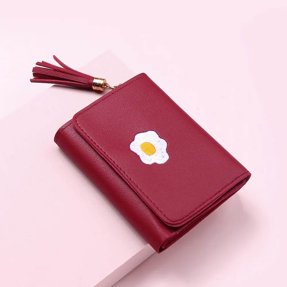 

Amazon Hot Sell Fried egg embroidery PU Leather Coin Purse Tassel Pendant Folded Card Case, Red