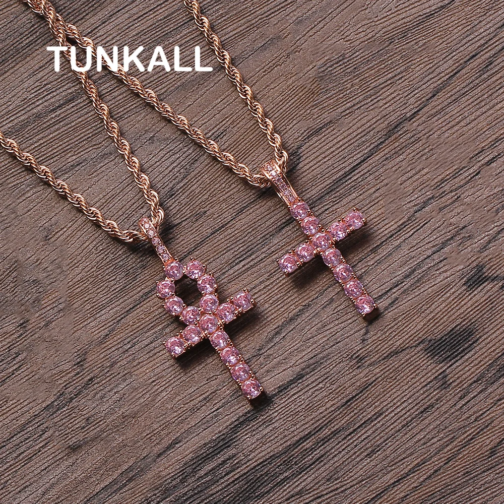 

CN220 Pink Anka Cross Pendant Brass Setting CZ Iced Out Cubic Zircon Necklace Hip Hop Necklaces Rock Jewelry