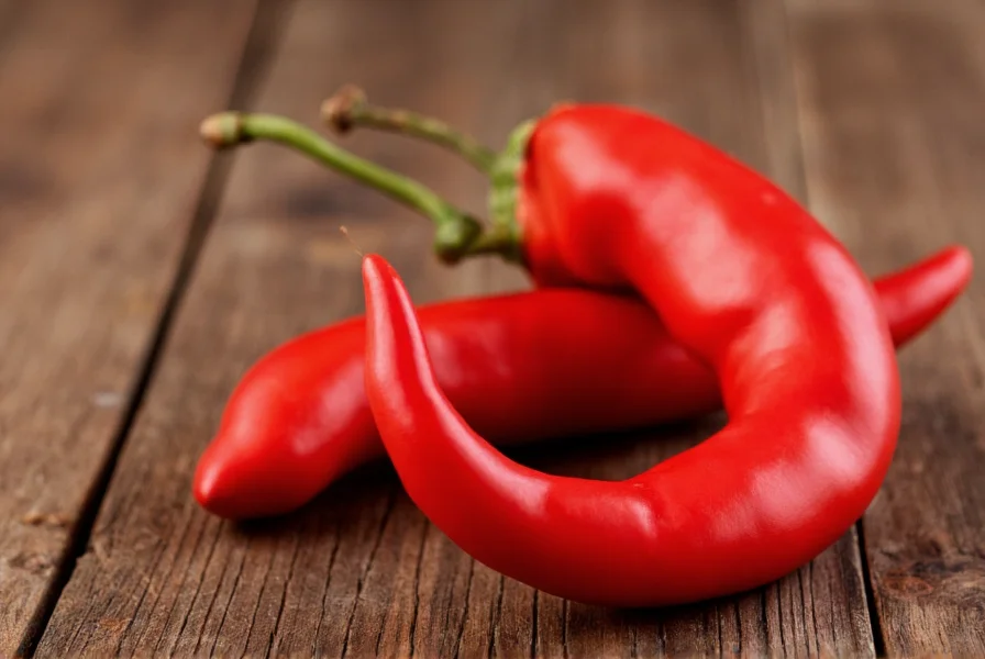 Close-up photograph of fresh Nardello peppers showing their distinctive curved shape and vibrant red color against a rustic wooden background