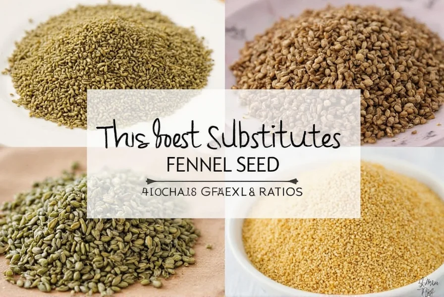 Close-up comparison of fennel seeds and common substitutes including anise, dill, and caraway seeds
