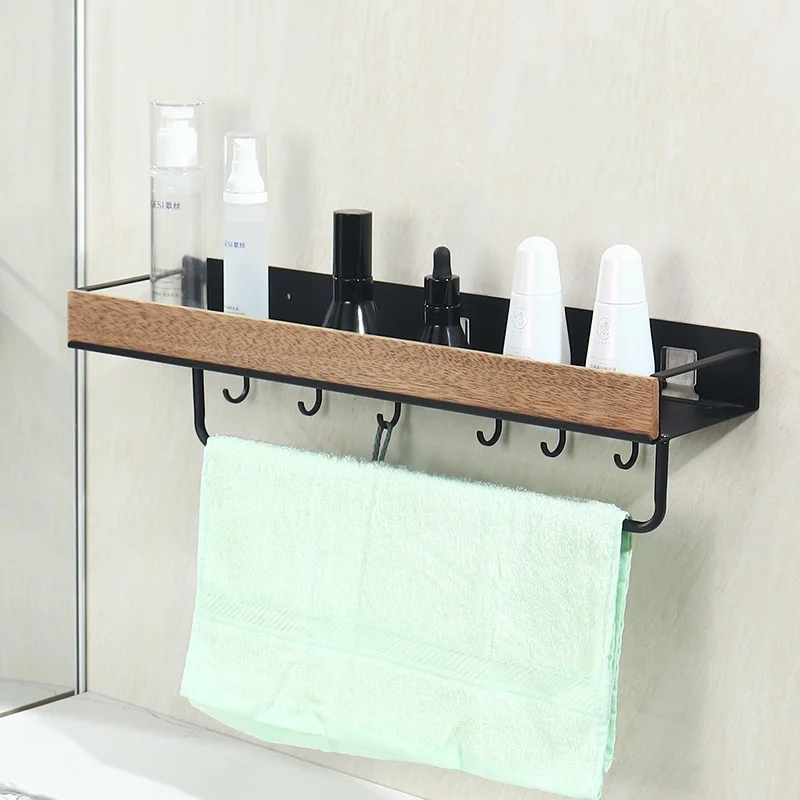 Good Quality Multifunctional Wall Mounted Bathroom Shelf Home Use No-Punch Shelves with Rod with Hooks Shower Storage Shelf