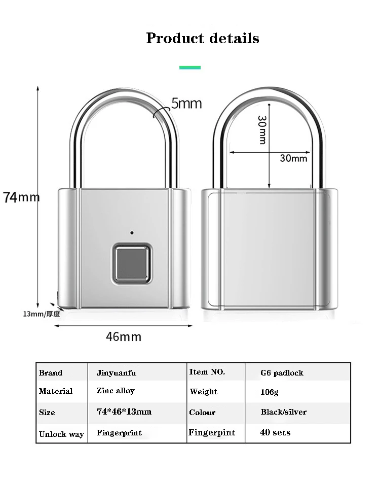 
Manufacturer direct supply small fingerprint smart security stainless steel padlock 