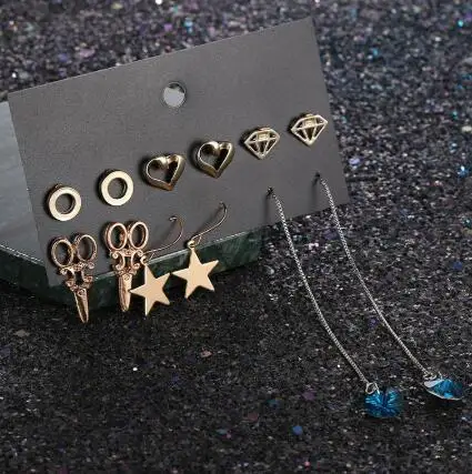 

6 Pairs Trendy Mix Design Star Heart Ear Stud Cuff Earrings Set for Women Vintage Scissors Round Earring with Long Chain Pendant