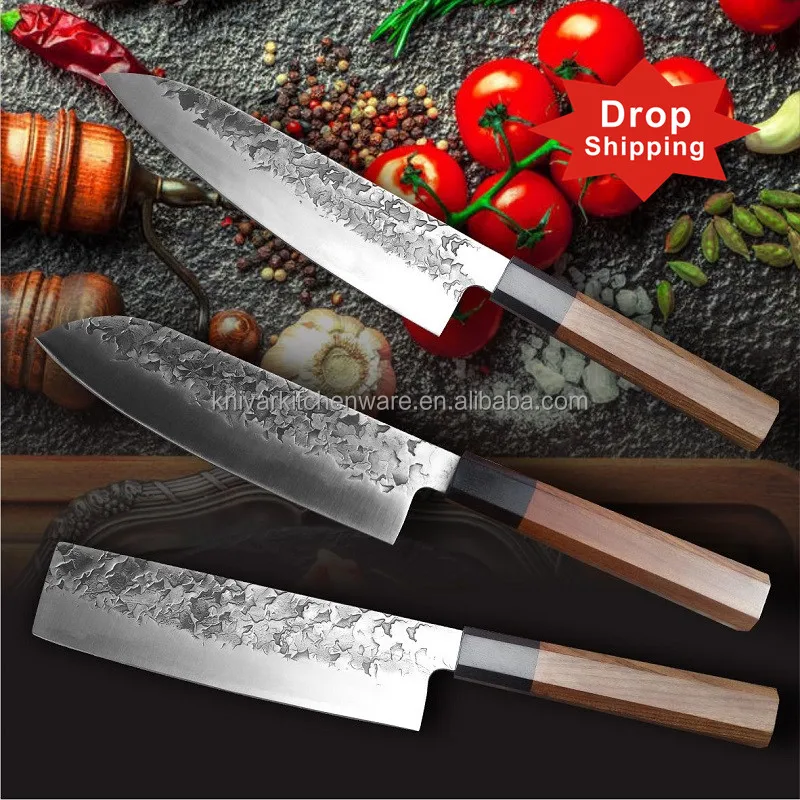 

3 pcs rose wood handle stainless steel handmade forged Chef most-used premium Slicing chopping cleaver kitchen knife set, Silver