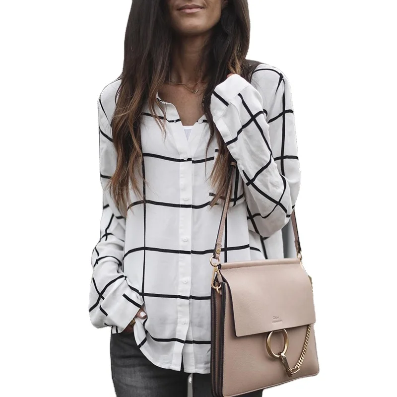 

2020 Autumn Fashion Casual Loose Plaid Button Long Sleeve V-neck Shirt For Women