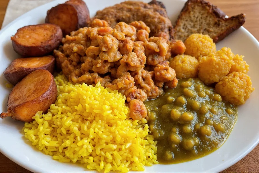 Traditional Latin American dishes prepared with sazon including yellow rice, pernil, and habichuelas