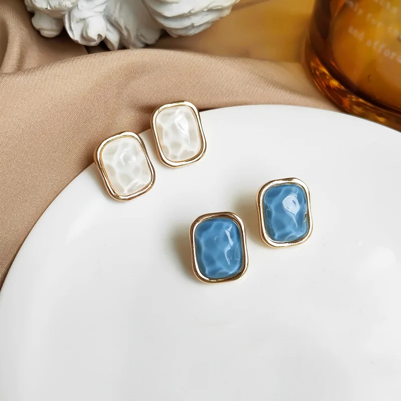 

Hot Sale European Gold Plated S925 Sterling Silver Needle Resin Earrings White Blue Acrylic Square Stud Earrings For Women