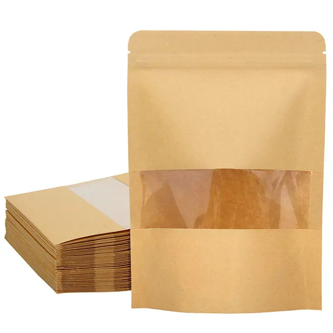 

RTS In Stock Ziplock Food Packaging Coffee Bags Brown Kraft Paper Stand Up Pouches 4 X 6 Inch With Clear Window