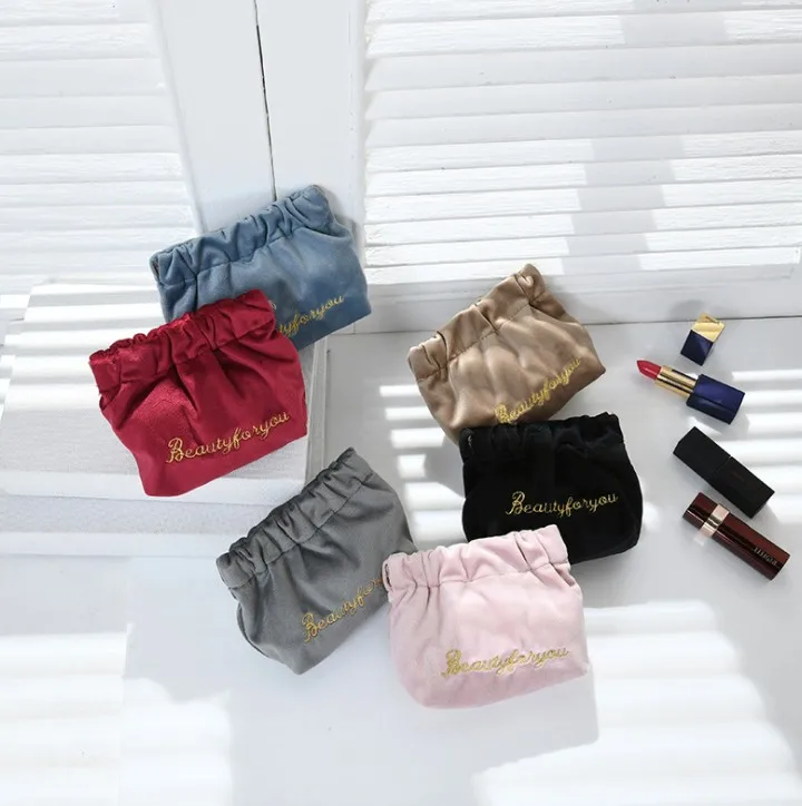 

korea style factory stock customized logo embroidered velvet elasticat mini cosmetic lipstick bag