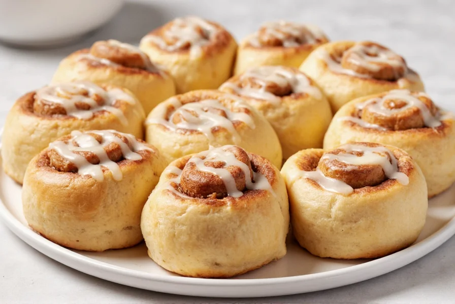 Perfectly baked cinnamon rolls with golden crust and cream cheese icing drizzled on top, served on white ceramic plate