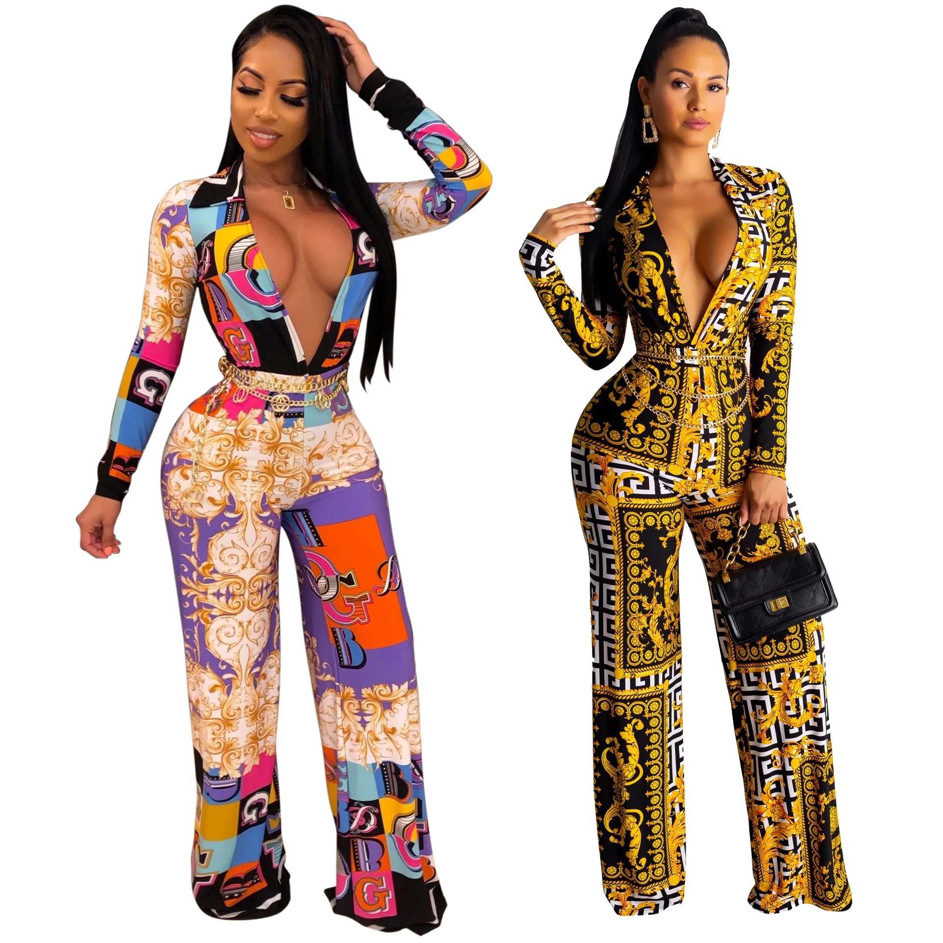

New Arrival Deep V Neck long Sleeve One Piece Loose Printed Wide Straight Long Pant Jumpsuit, 2colors as picture