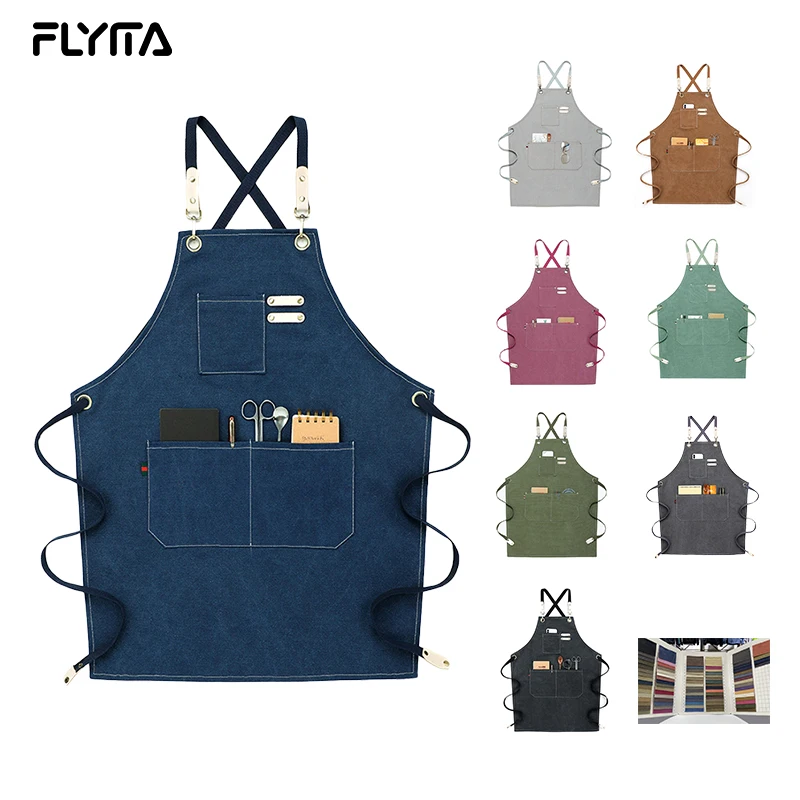 

Aprons Custom Logo Leather Strap Waterproof Plain Gardening Bar Coffee Shop Multiple Pocket Barber Salon canvas Denim Aprons