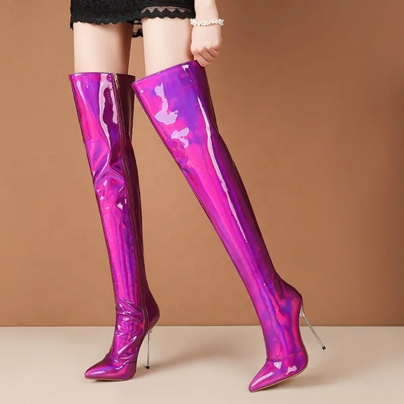 

Waterproof Reflective Stiletto Heels Women Boots Thin Heel Over Knee High Boots high Thigh Long Dazzling Fancy Big Size 45, Pink gold purple red