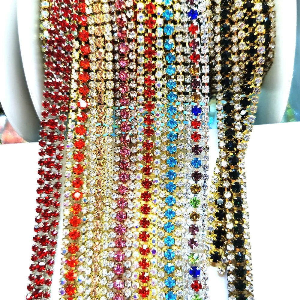 

CH016 Factory supply Wholesale Fancy 1cm width colorful Sewing Crystal Strass rhinestone cup chain trim for cloth