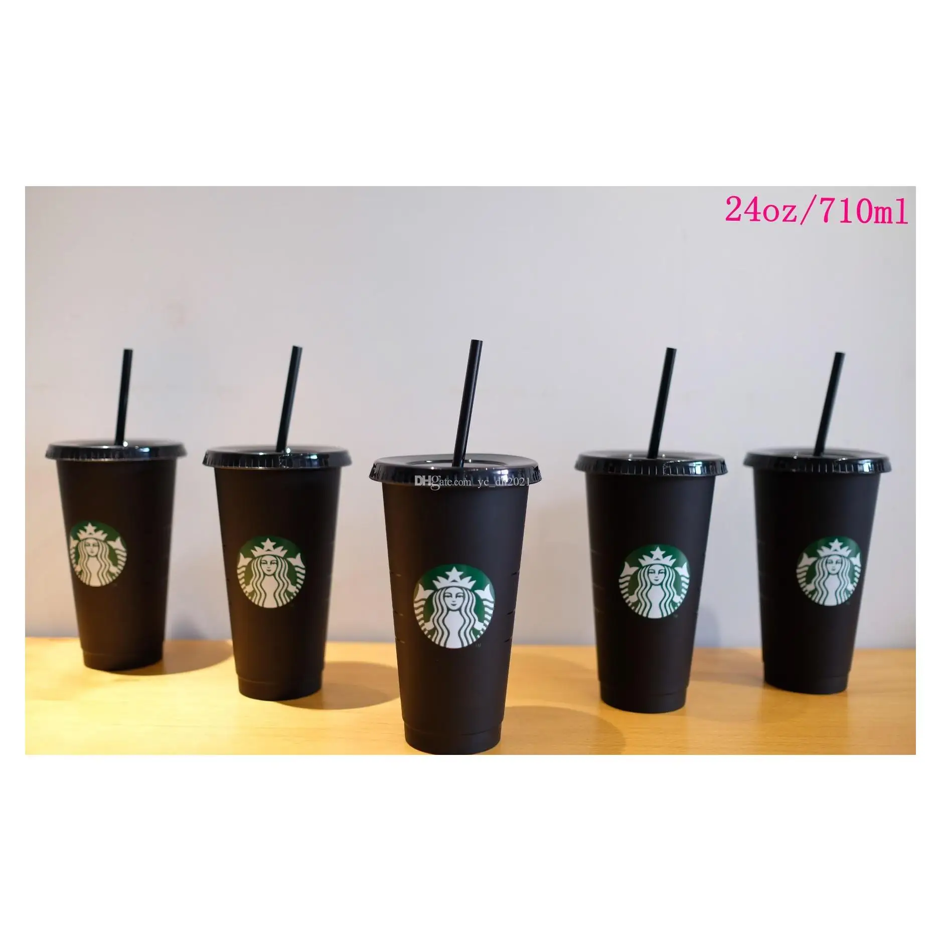 

Starbucks 24Oz710Ml Plastic Mugs Tumbler Reusable Black Drinking Flat Bottom Cup Pillar Shape Lid Straw Cups