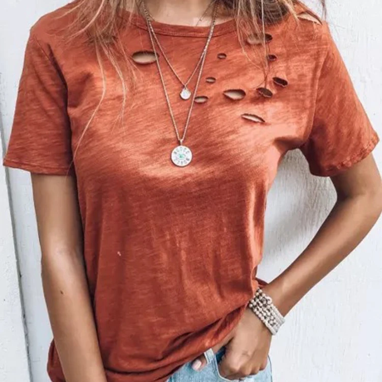 

Rummandy Wholesale Unique Designer Summer Hot Sale Short Sleeve Solid Cotton Ripped Ladies T-Shirt, Customized colors