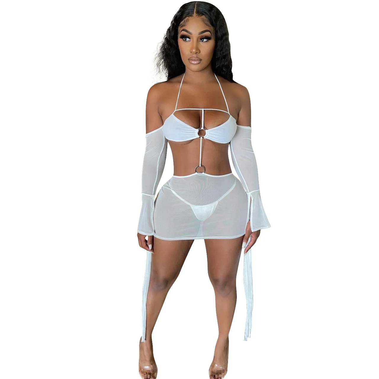 

(No underpants)best selling sexy mesh dress casual multi color halter see through bikini cover up dress