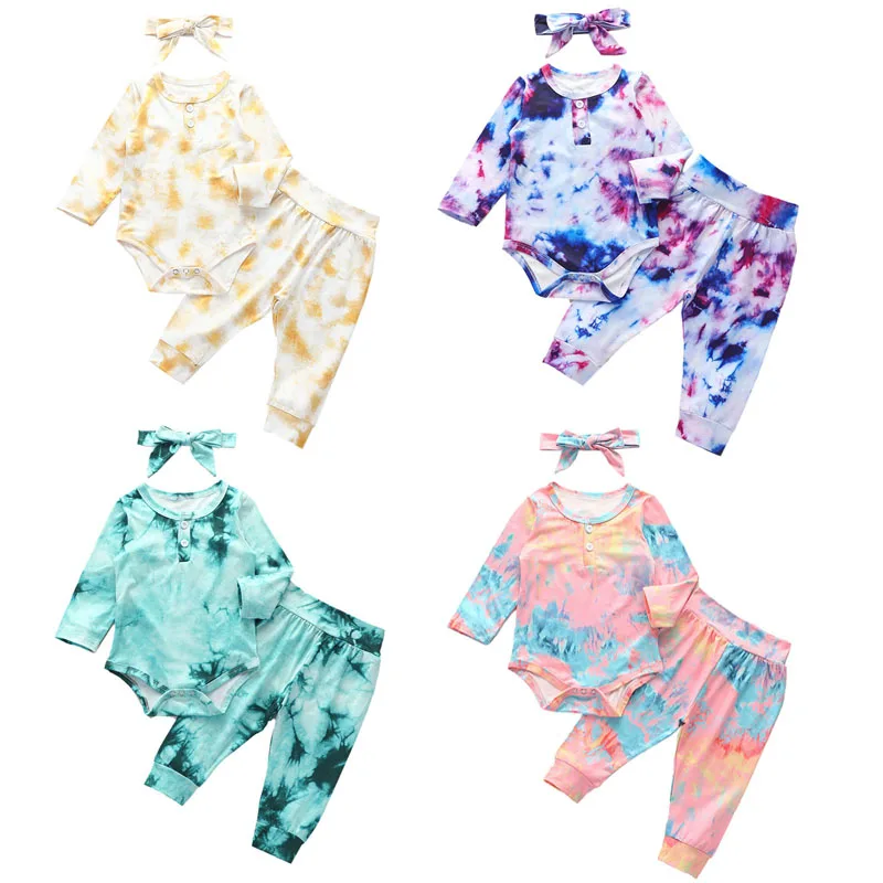 

Wholesale in stock tie tye fall infant romper pant baby girls clothing set with headband, As picture show