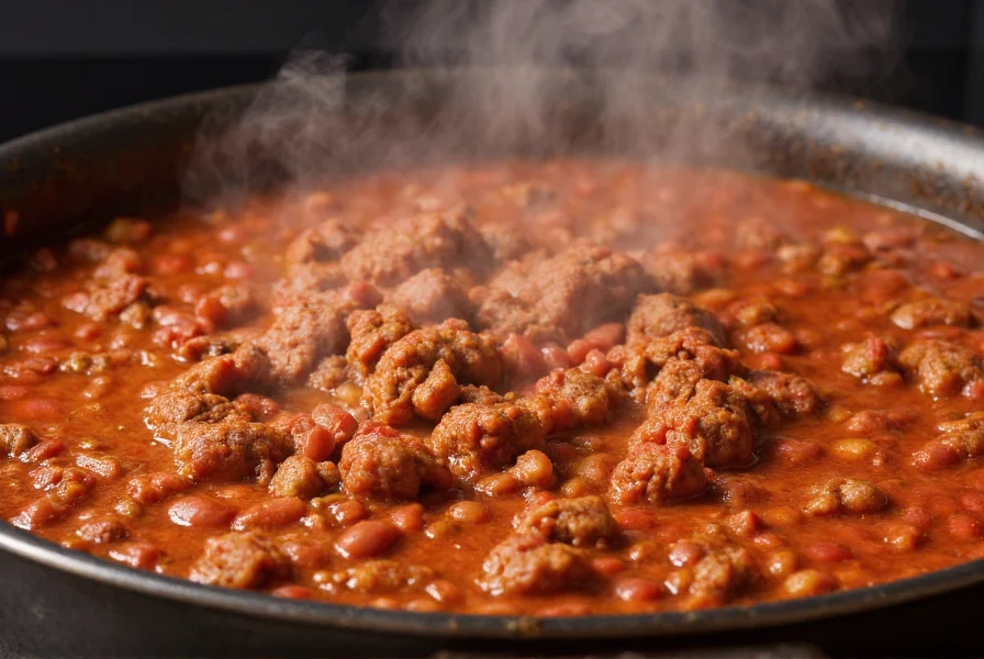 Perfectly simmering pot of ground beef chili with steam rising, showing rich red color and visible beans and meat chunks