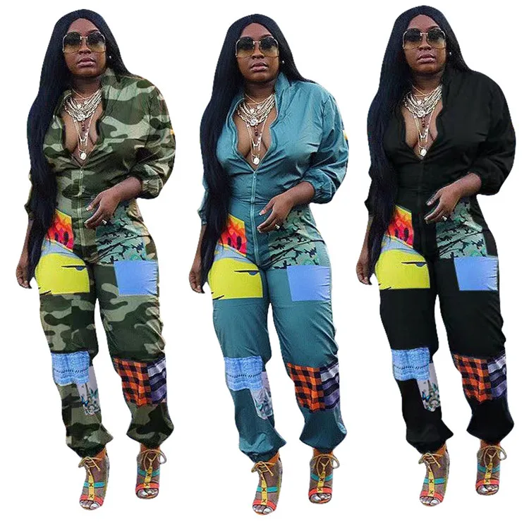 

Fall clothing for women fashion printed fabric plus size women clothing v neck one piece jumpsuit, Solid