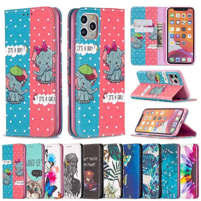 

Fashion Magnetic PU Leather Wallet Phone Case Bracket For iPhone 14 13 12 11 Pro Max Painted Card Slot Anti-Shock Case, Ten colors