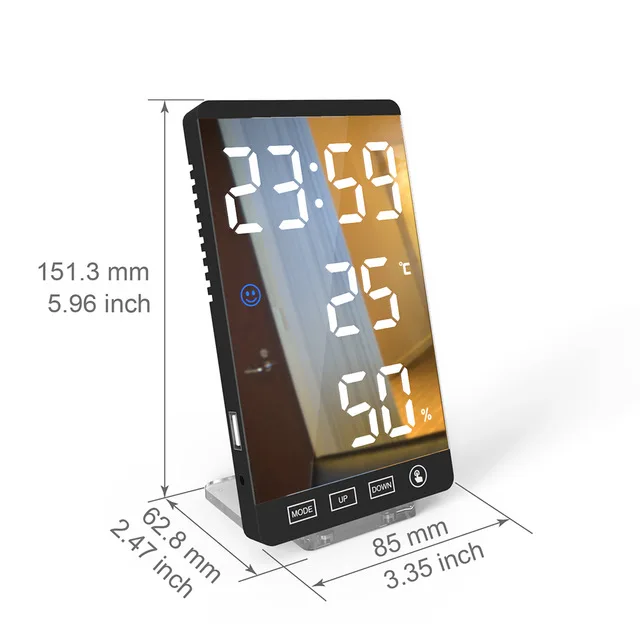 

6 Inch LED Mirror Alarm Clock Touch Button Wall Digital Clock Time Temperature Humidity Display USB Output Port Table Clock