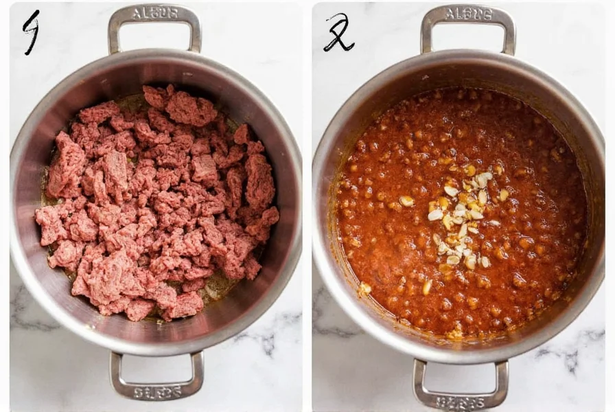Step-by-step preparation of Steak and Shake chili recipe showing ground beef browning in a large pot with diced onions and garlic