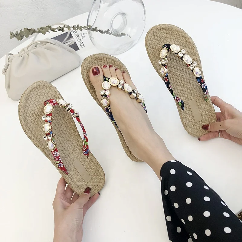 

Ladies Soft Clothes Bling Rhinestones Slippers Fancy Thongs Slide Flat Women Flip Flops, Black,red,blue