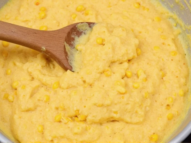 Mixing cornbread batter with wooden spoon showing lumpy texture