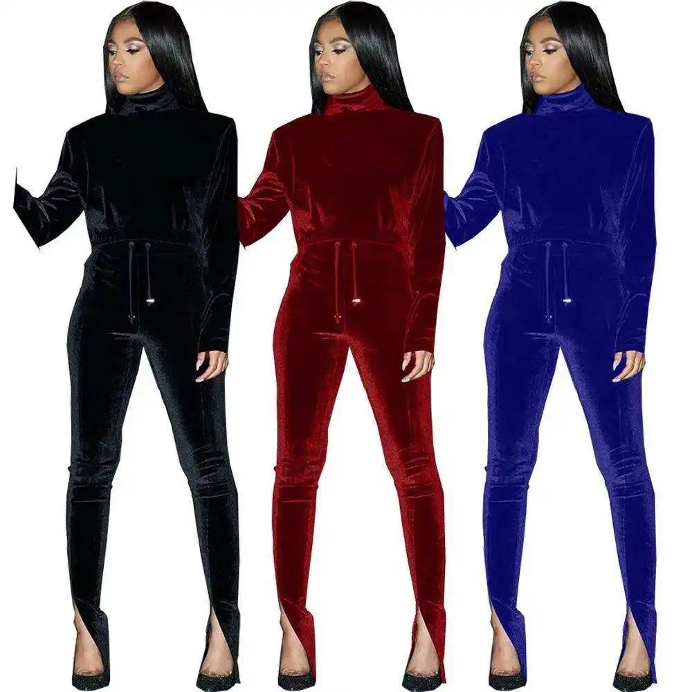 

Fashion 2 PCS Outfit Soft Velvet Long Sleeve Tops Pants Autumn Casual Women Two Piece Set
