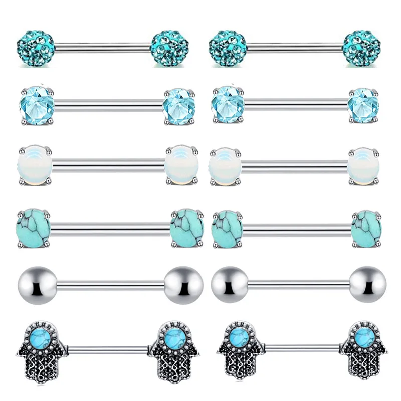 

New 14g Stainless Steel Barbell Nipple Piercing For Women Screw Cz Blue Opal Turquoise Palm Nipple Rings, Silver