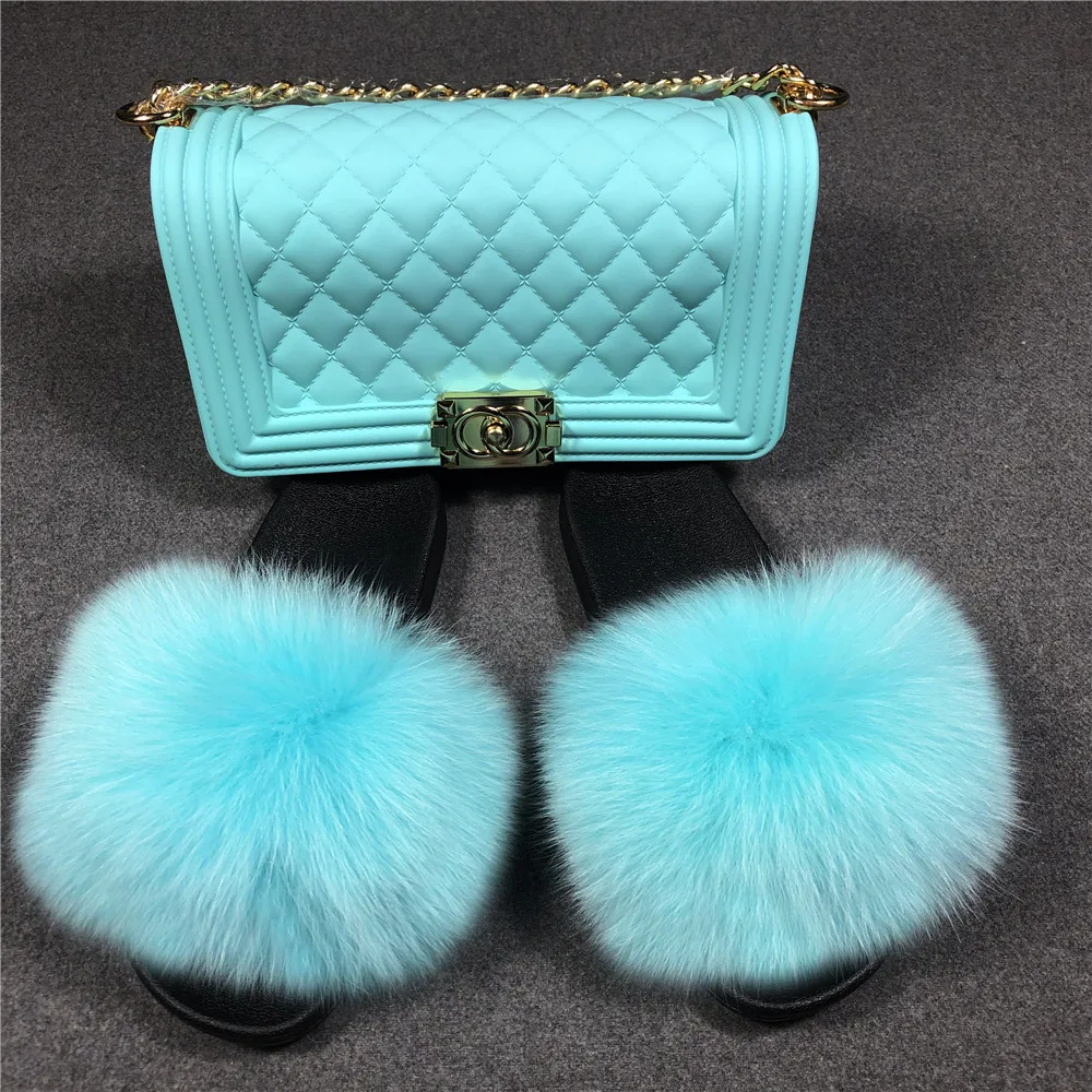 Middle Size Fur Shoes Real Fox Fur Slides Women Slippers Jelly Bag ...