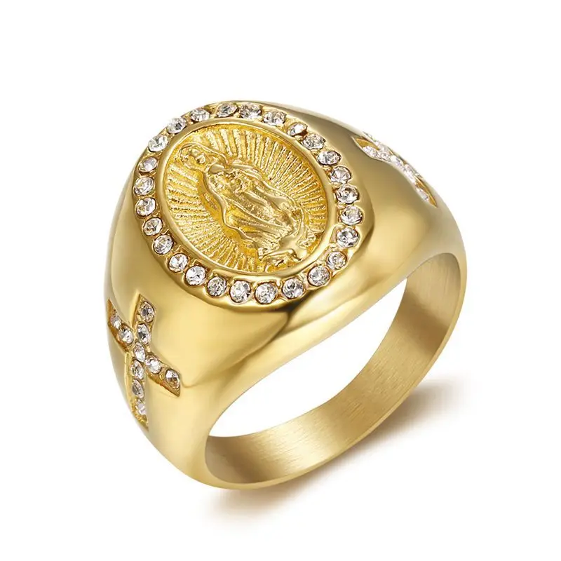 

Men's Diamond Hip Hop 316L Titanium Steel Catholic Virgin Mary Gold Ring Design For Men