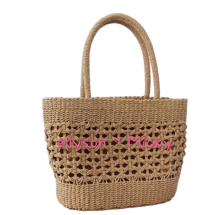 

wholesale Fashion hollowing out straw woven bag paper straw bag paper straw bag, Black.brown