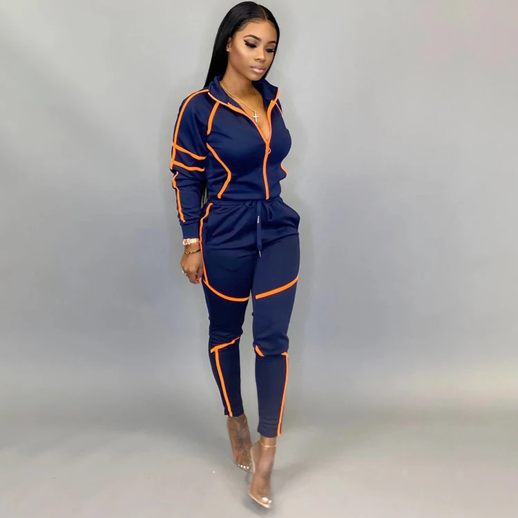 

Women Fall Two Pieces Fashion Sportswear Color Block Long Sleeve Sport set Turndown Collar Womens Track Suits With Zippers, White,black,light blue,navy blue