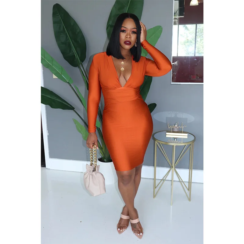 

European And American Sexy Deep V Long Sleeve Plus Size Women Dress Suits Slim Dress