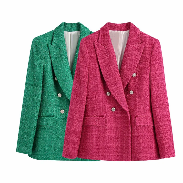 ZATRHMBM2022 Autumn New Ladies Fashion Retro Slim Two-color Double-breasted Lattice Pocket Texture Ladies Suit