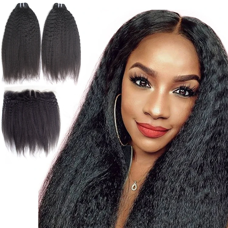

30inches kinky hair with frontal, Mongolian Human Kinky Straight Hair Extensions Weave Bundles Wholesale, Natural color