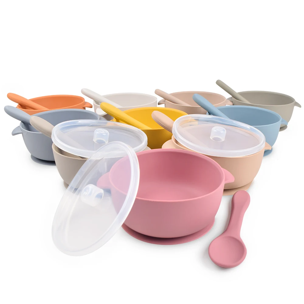 

BPA Free Kids Feeding Supplies Products Silicone Baby Suction Bowls With Spoon And Lid