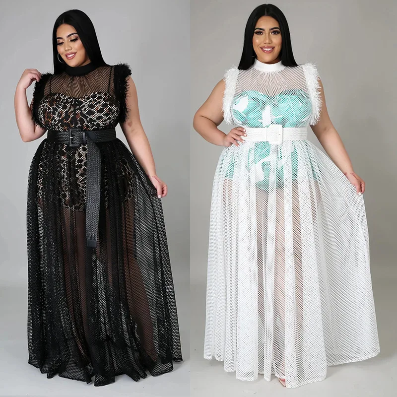 

H9273 - women fashion plus size sleeveless rompers and mesh dress two piece set