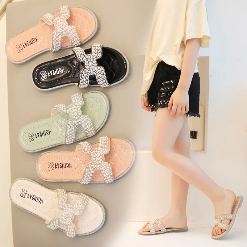 

Girls slippers 2021 summer hot style net red pearl rhinestones non-slip open-toed outer wear soft bottom sandals and slippers, Multicolor