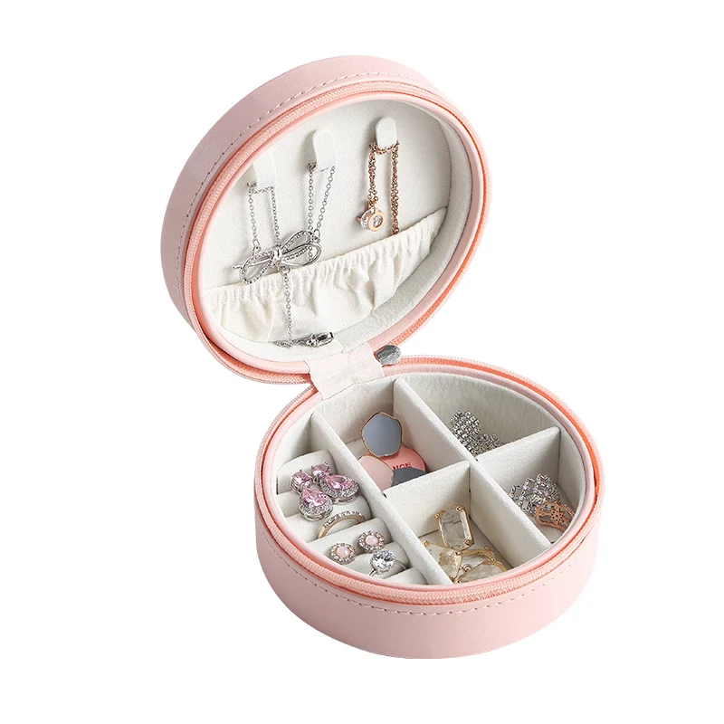 

2020 Custom Logo Round Shape Small PU Leather Jewelry Box Organizer Velvet Travel Earring Ring Necklace Storage Case For Girls, White/pink